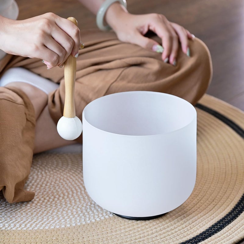 CVNC 432HZ 7 Inch F Note Heart Chakra Frosted Quartz Crystal Singing Bowl Meditation Therapy Sound Healing Bowl with Mallet O-ring and White Carry Bag - Image 3